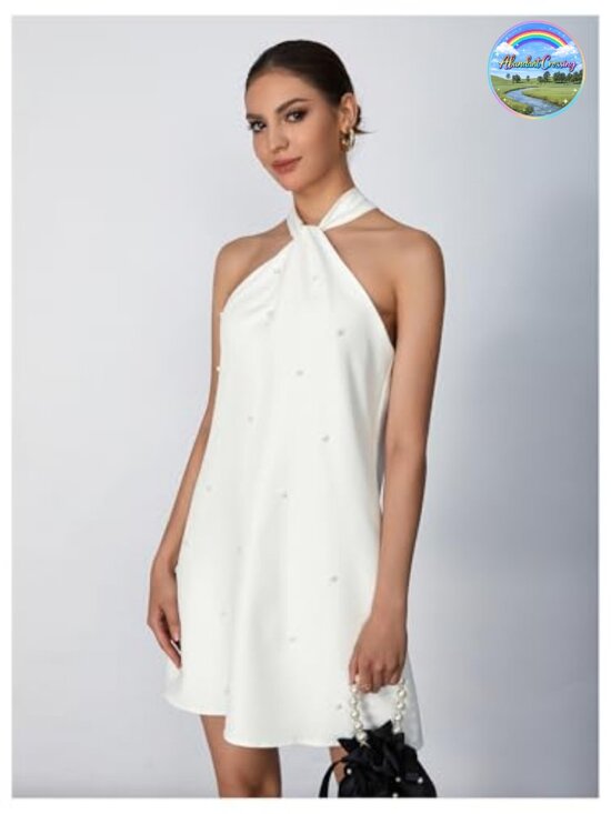 Dresses & Skirts - Pearl Beaded Halter Sleeveless Tie Back A-Line Midi Dress